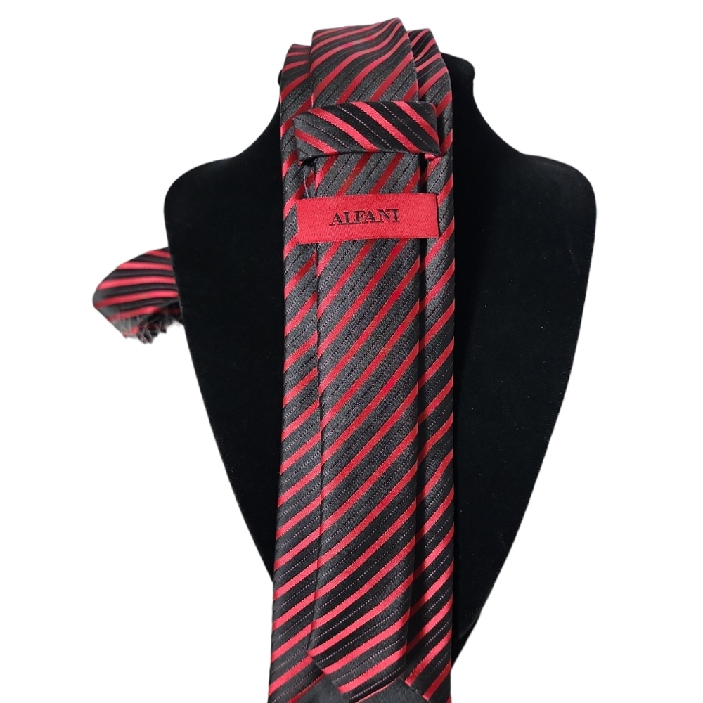 Alfani Red Black Stripe Skinny Necktie - Picture 2 of 4